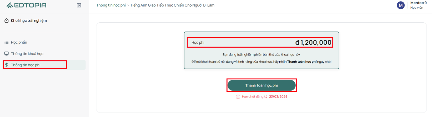 Kiểm tra chi tiết học phí