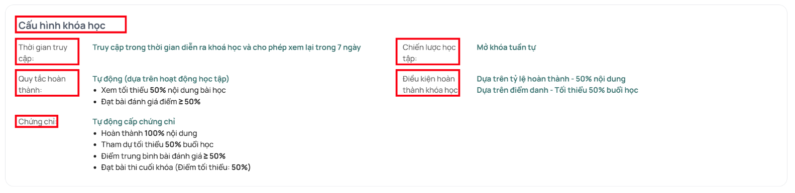 Cấu hình khóa học