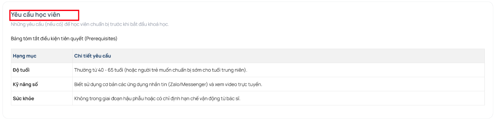 Yêu cầu học viên